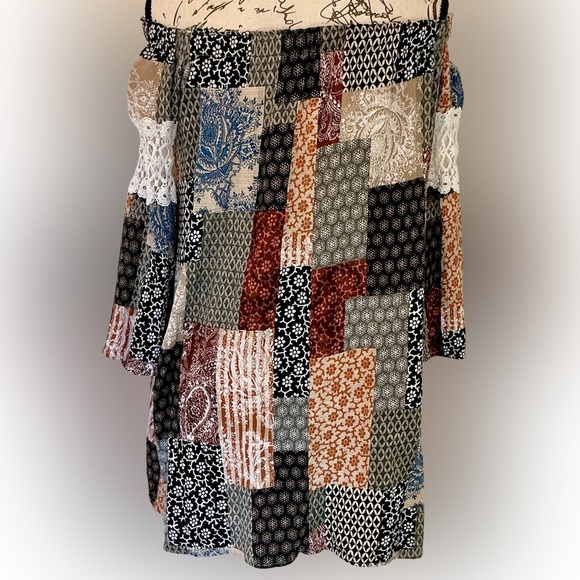 Audrey 3+1 Boho Patchwork Off-Shoulder Tunic Dress – Size Medium - Picture 6 of 6